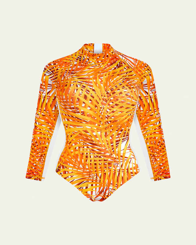 Palm Leaves Neoprene Rashguard One-Piece Swimsuit
